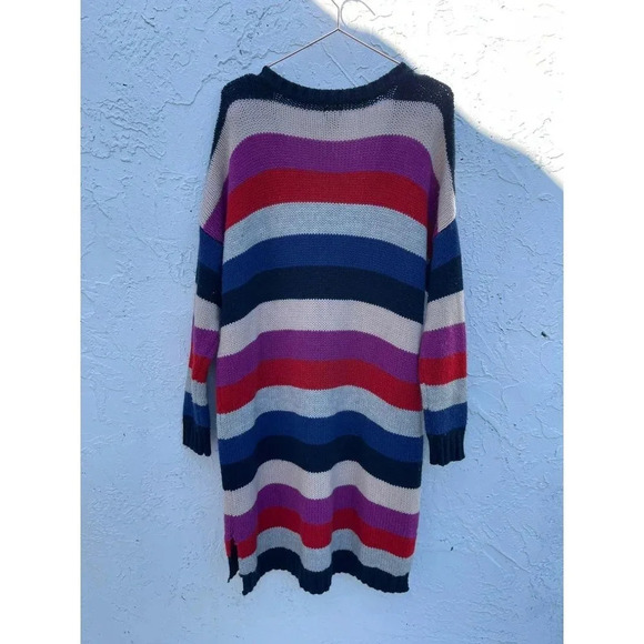 H&M Womens Pullover V Neck Tunic Crochet Sweater Dress Multi Striped Sz M/L WT06 - Picture 2 of 8